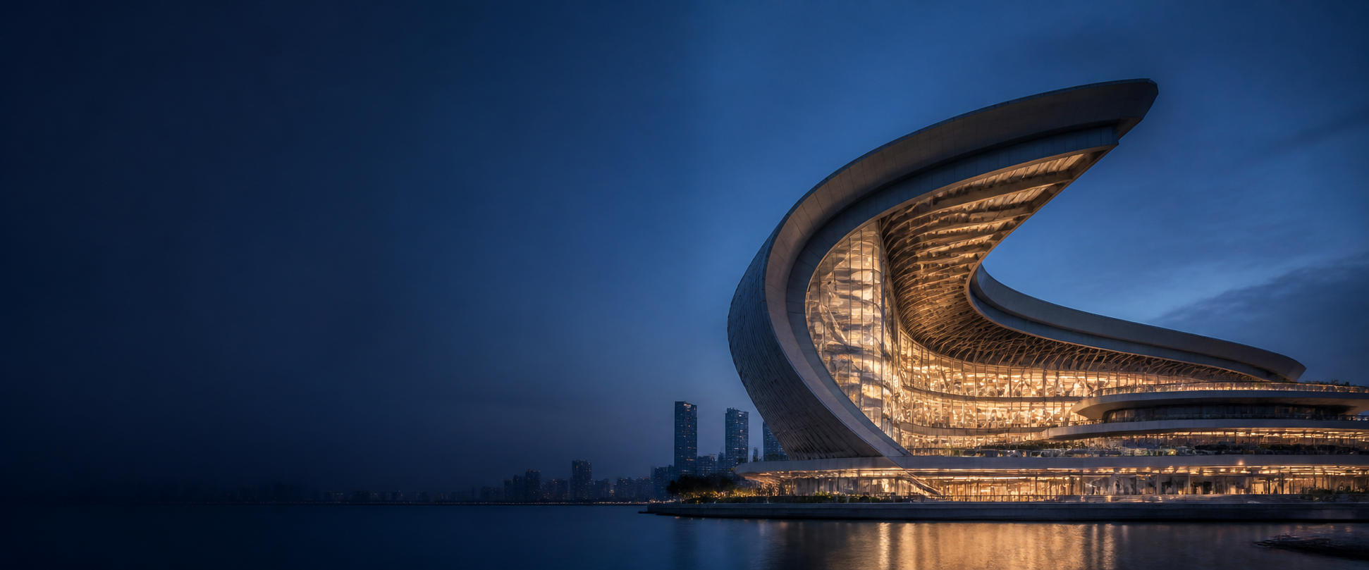 Original architectural concept of a monumental blue-and-gold engineering landmark at twilight
